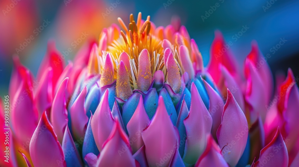 A striking close-up reveals the intricate shape and vivid colors of a blooming protea flower in its natural habitat A striking close-up reveals the intricate shape and vivid colors of a blooming protea flower in its natural habitat
