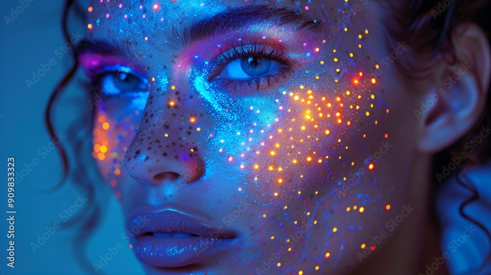 Creative Portrait of a Woman With Glowing Face Art at Night Event Creative Portrait of a Woman With Glowing Face Art at Night Event