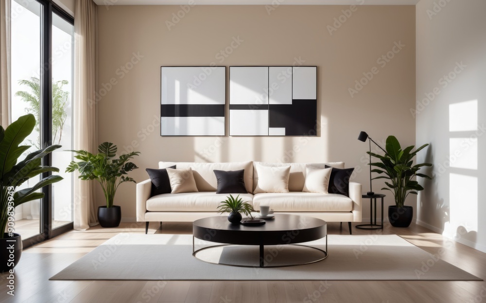 Modern living room with minimalist design, featuring large windo Modern living room with minimalist design, featuring large windo