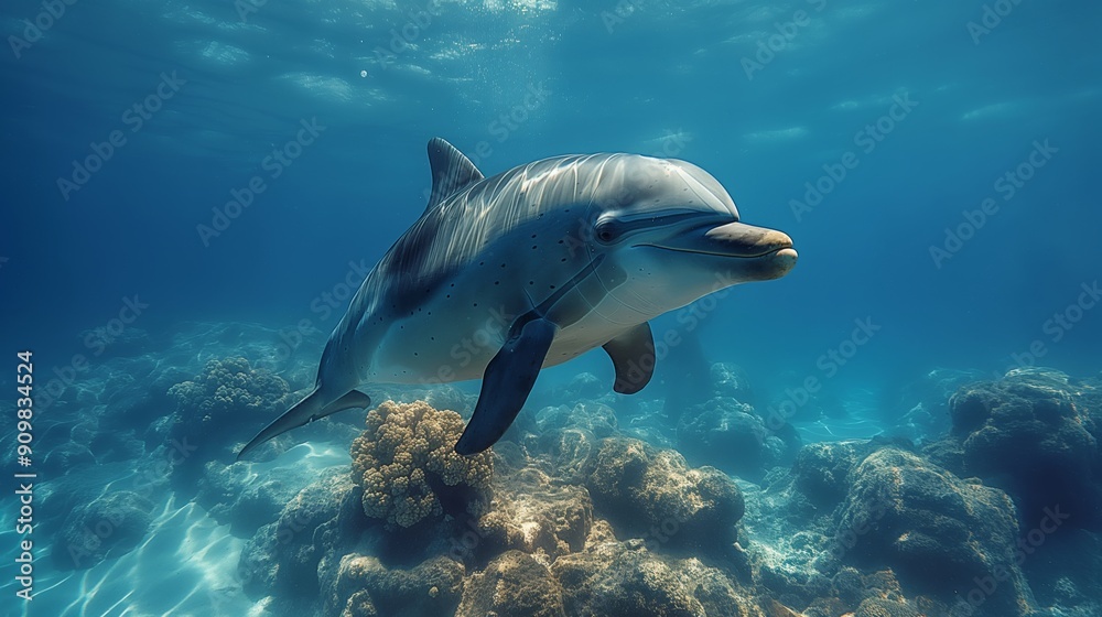 Obraz premium A majestic dolphin swims gracefully through a coral-filled blue ocean, embodying freedom and agility.