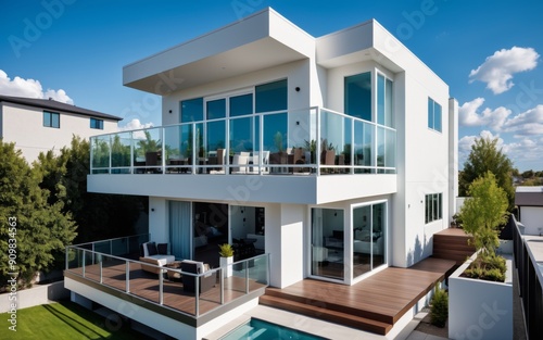 Modern two-story house with white exterior  balcony  sliding gla