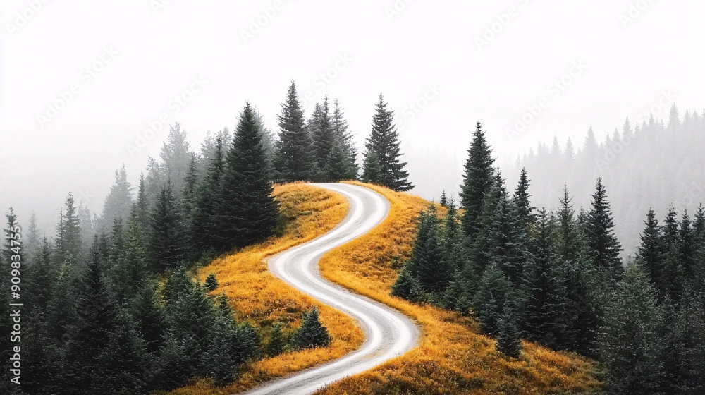 A winding road with trees on either side. The road is yellow and white. The trees are tall and green. A winding road with trees on either side. The road is yellow and white. The trees are tall and green.