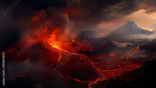 Aerial View of Volcanic Eruption - Generative AI