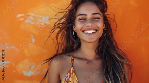 Smiling young woman with long flowing hair, showing off her navel piercing, standing in front of a bright orange backdrop photo