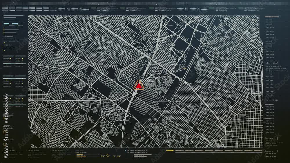 Futuristic HUD satellite view of traffic surveillance on a busy expressway junctions tracking and monitoring highway traffic for possible target vehicle