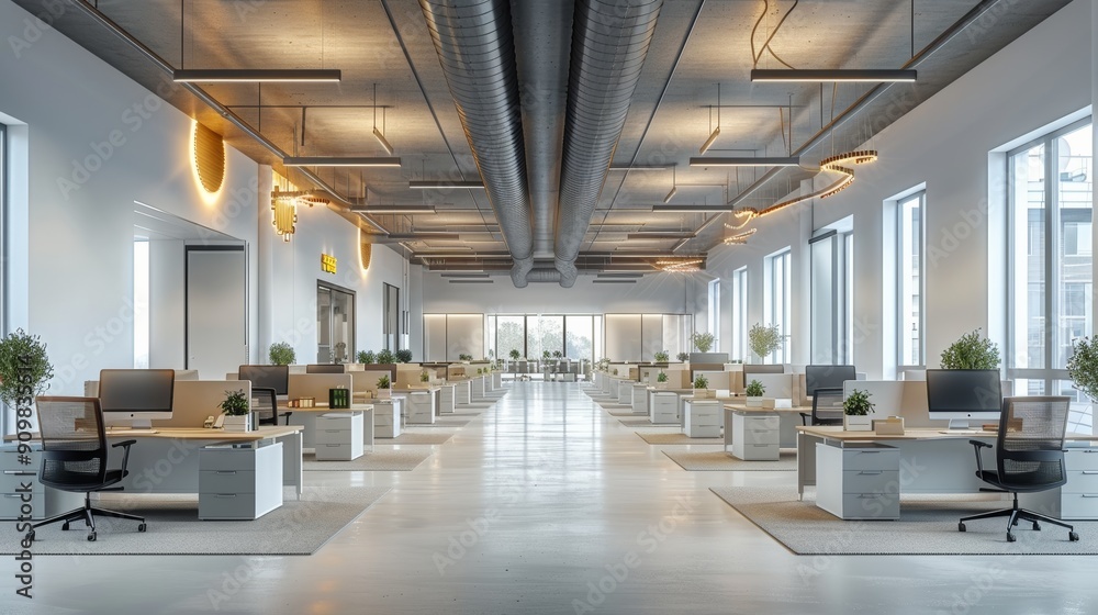 Modern Open Office Space With Large Windows and Bright Lighting in a Corporate Environment Modern Open Office Space With Large Windows and Bright Lighting in a Corporate Environment