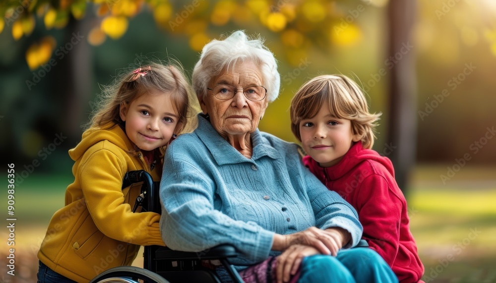 Elderly Woman in Wheelchair Surrounded by Loving Grandchildren in a Park Elderly Woman in Wheelchair Surrounded by Loving Grandchildren in a Park