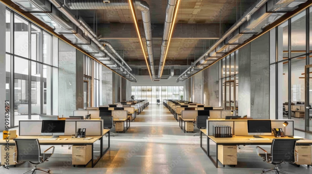 Modern Open-Plan Office Space Featuring Desks, Computers, and Natural Light