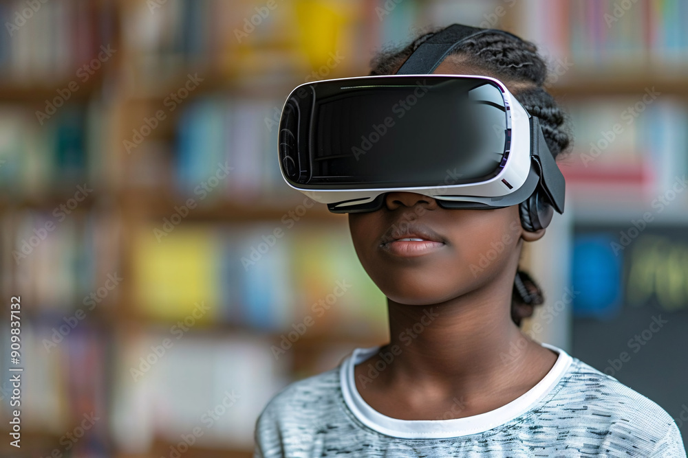 A young girl using a virtual reality VR headset in the classroom, using new technology for education at school A young girl using a virtual reality VR headset in the classroom, using new technology for education at school