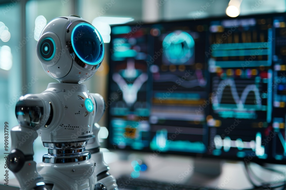 Futuristic Robot Analyzing Data on Multiple Monitors in a High-Tech Office Futuristic Robot Analyzing Data on Multiple Monitors in a High-Tech Office