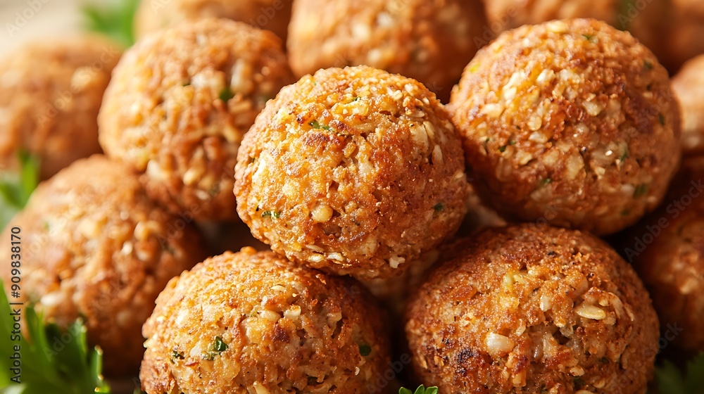 Close-up of Golden Brown Falafel Balls with Parsley Garnish Close-up of Golden Brown Falafel Balls with Parsley Garnish