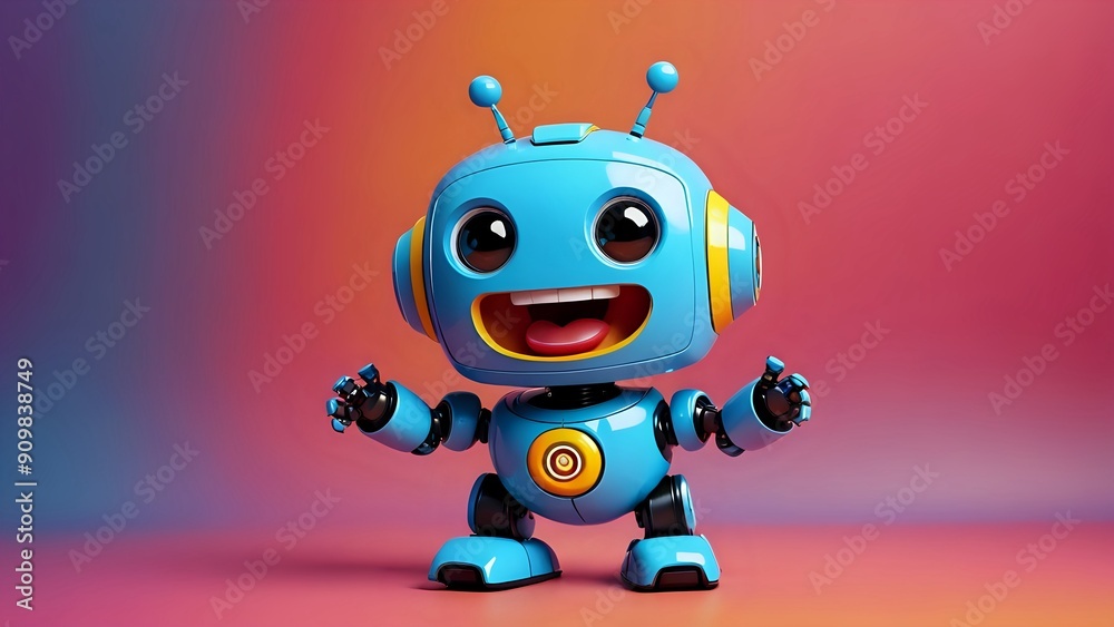 Cute baby robot laughing in front of colorful background Cute baby robot laughing in front of colorful background