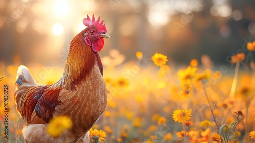 Wallpaper Mural A golden chicken stands proudly in a sunlit field, surrounded by vibrant flowers under a soft sunset. Torontodigital.ca