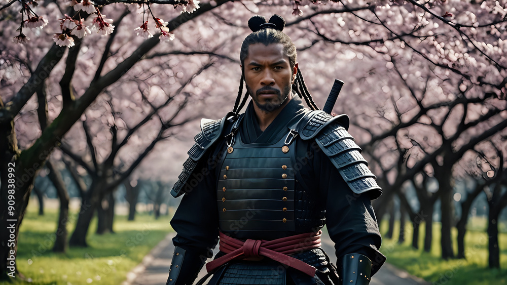 Fototapeta premium Black person dressed as samurai standing in front of cherry blossom trees 