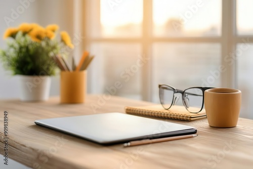 A serene workspace featuring a laptop, glasses, and a cozy atmosphere filled with natural light and vibrant plants. photo