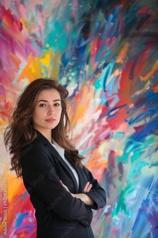 Corporate woman in front of a bright abstract backdrop. Corporate woman in front of a bright abstract backdrop.