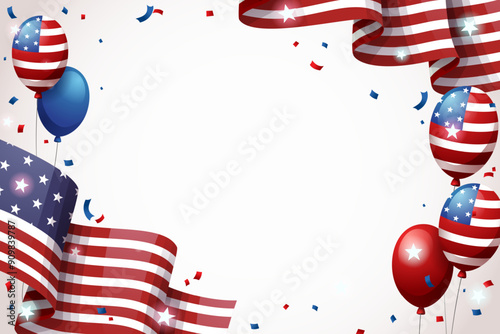 American flag with balloons on edge of background . Vector .