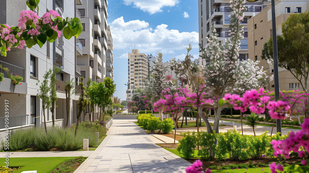Obraz premium City for life. Beautiful modern urban area. Flowering trees, apartment buildings. Real estate in Israel. Scenic District