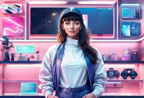 Design a virtual influencer interacting with futuristic gadgets and electronics in a sleek, minimalist setting. Highlight the influencer’s expressive