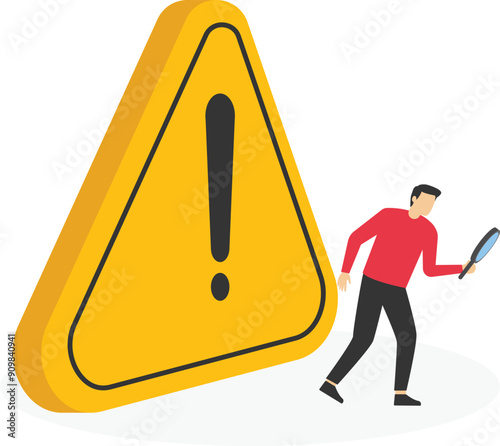 Incident management, root cause analysis or solving problem, identify risk or critical failure concept, businessman with magnifier monitor and investigate incident with exclamation attention sign.

