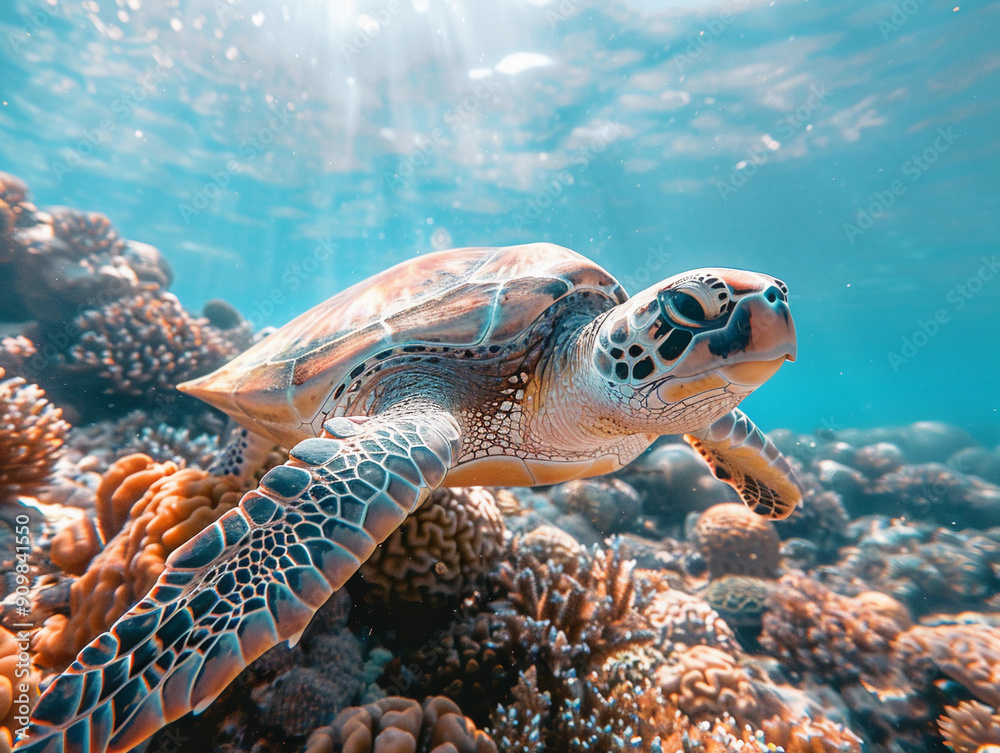 Fototapeta premium Majestic Sea Turtle Gracefully Swimming Through Vibrant Coral Reef Underneath Crystal Clear Ocean Waters