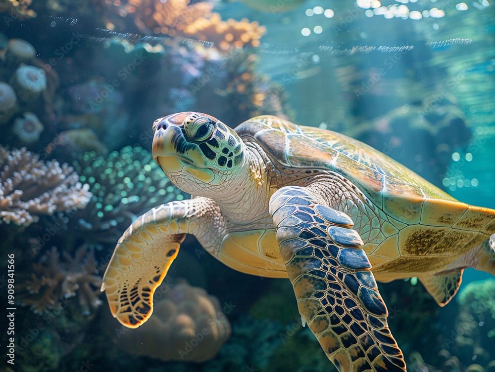 Fototapeta premium Graceful Sea Turtle Swimming Through Vibrant Coral Reefs in Clear Tropical Waters