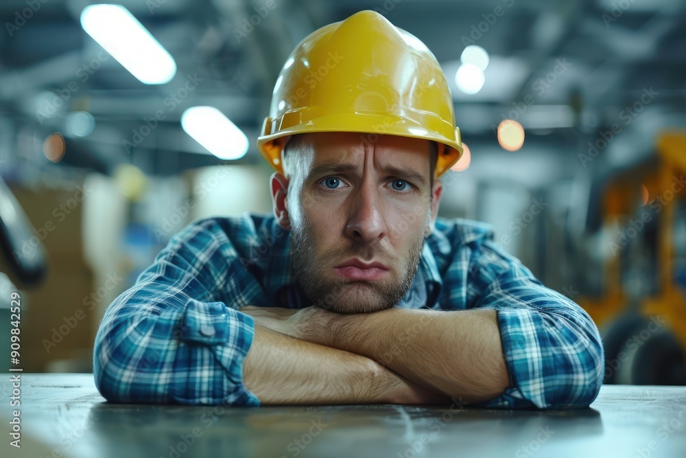 Upset and Unhappy Experienced Worker in a Factory Setting, Workplace Tension and Frustration, Stock Photo Upset and Unhappy Experienced Worker in a Factory Setting, Workplace Tension and Frustration, Stock Photo
