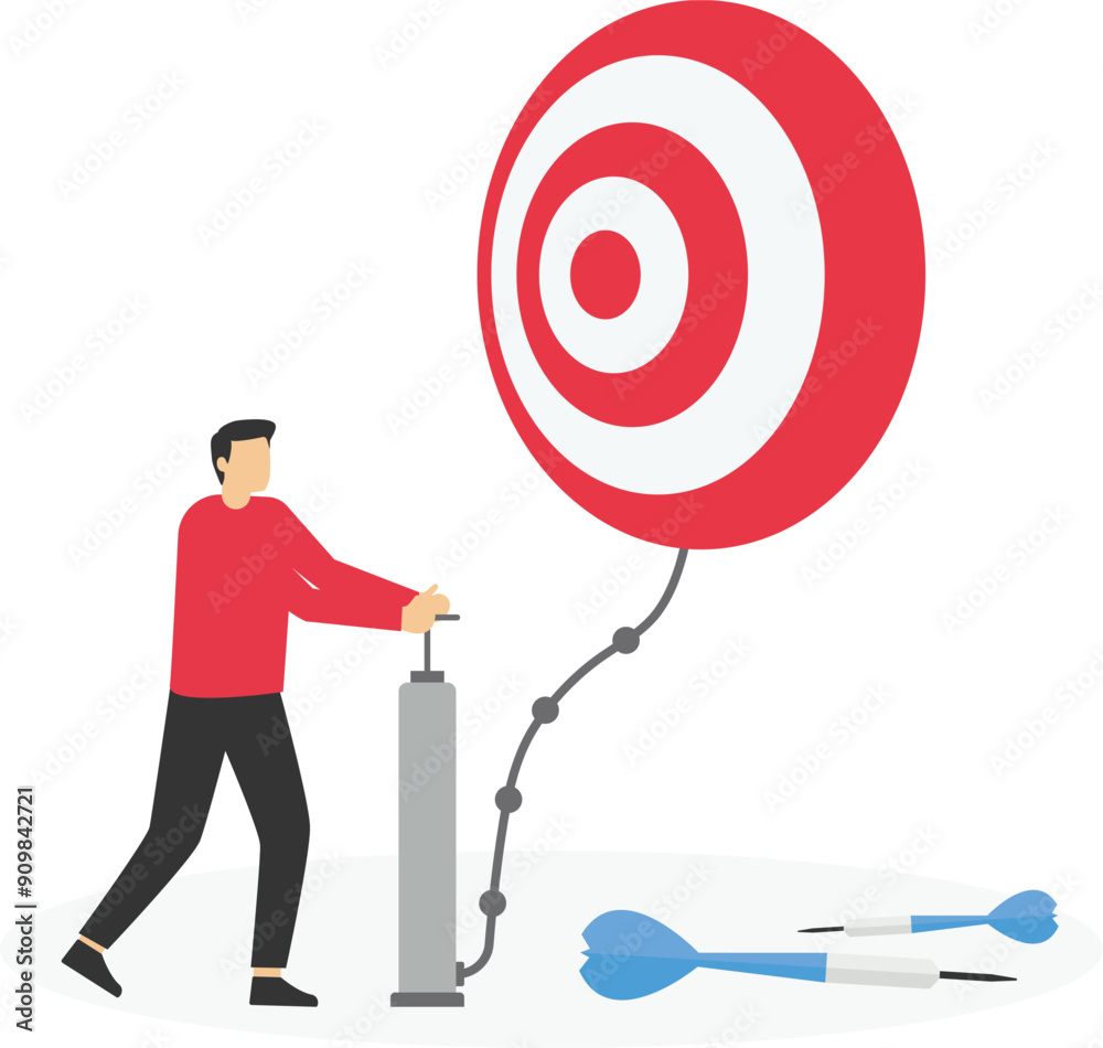 Man pumps up a balloon of a darts shape floats higher. Focus on global business goals. Modern vector illustration in flat style

