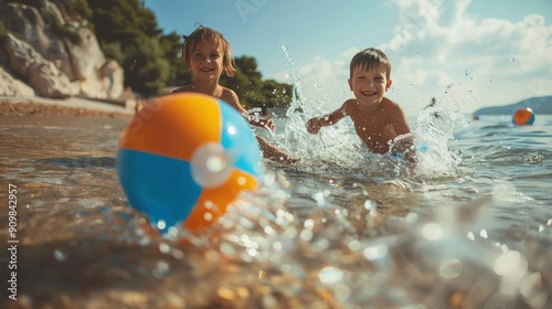 Two children playing with beach balls in the sea during vacation, joyful moments