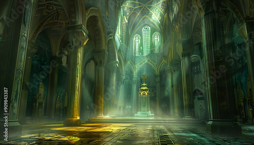 Imaginary temple church interior with a fantastical design and atmosphere