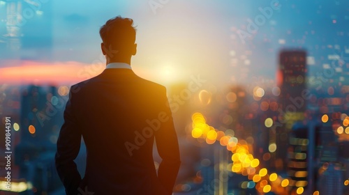 Businessman Overlooking Cityscape at Sunset with Blurred Lights