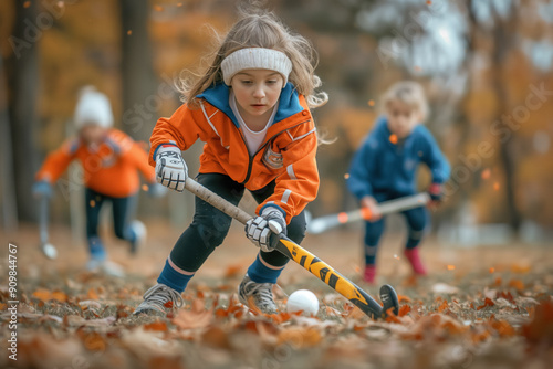 Children playing field hockey