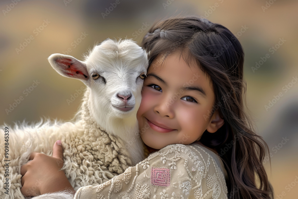 A happy little girl holding a lamb in her hand with love A happy little girl holding a lamb in her hand with love