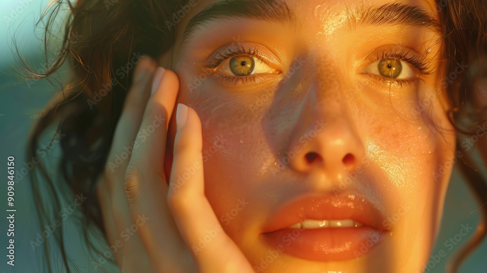 Woman gently massaging moisturizer onto her face, morning skincare ritual, soft lighting, closeup Woman gently massaging moisturizer onto her face, morning skincare ritual, soft lighting, closeup