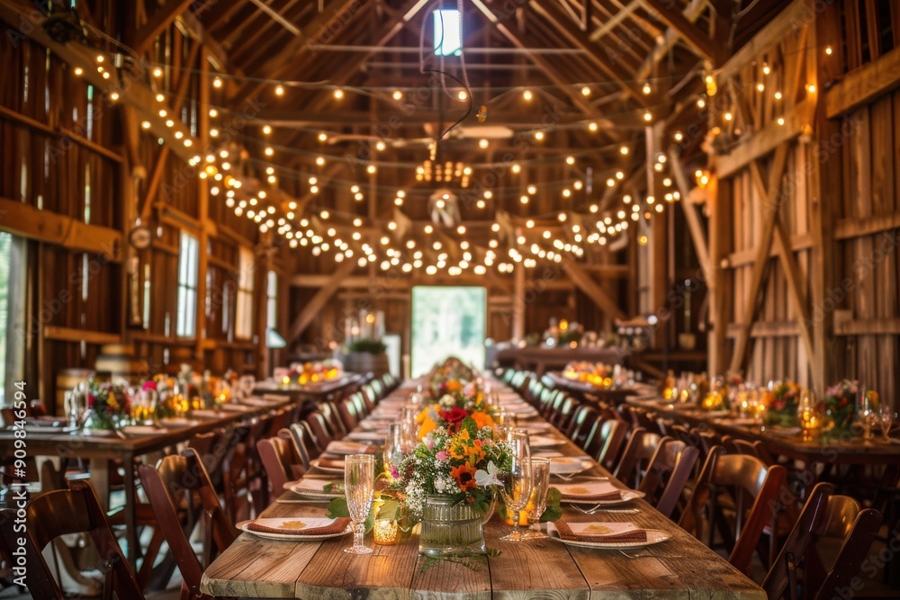 Fototapeta premium A rustic barn wedding with wooden tables, string lights, and a warm, inviting atmosphere