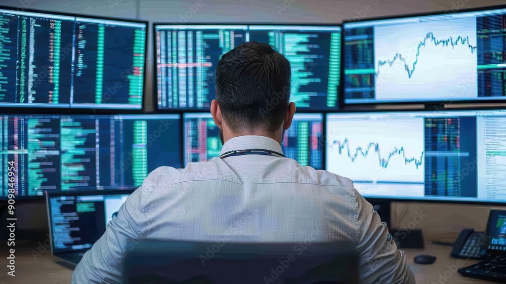 Stock trader analyzing market trends on multiple screens, intense focus, financial industry, market analysis Stock trader analyzing market trends on multiple screens, intense focus, financial industry, market analysis