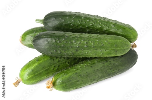 Pile of fresh cucumbers isolated on white, above view