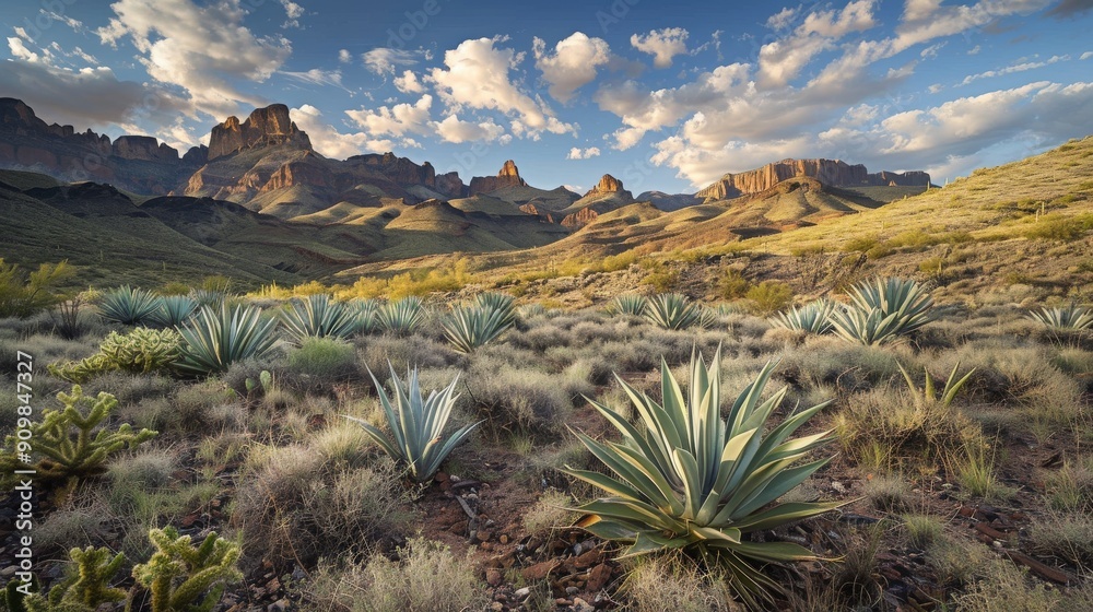 A breathtaking desert showcases blooming agave plants surrounded by stunning mountain formations and a colorful sky at sunset A breathtaking desert showcases blooming agave plants surrounded by stunning mountain formations and a colorful sky at sunset