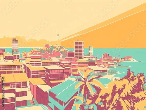 Risograph vintage riso print travel poster, card, wallpaper or banner illustration, modern, isolated, clear, simple of Bandar Lampung, Indonesia. Artistic, screen printing, graphic design photo