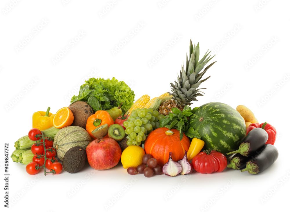 Different fresh fruits and vegetables isolated on white Different fresh fruits and vegetables isolated on white