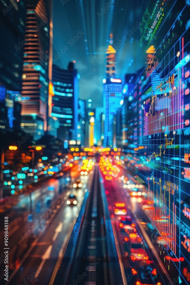 Futuristic Cityscape with Digital Financial Data Overlay and Vibrant Night Lights Futuristic Cityscape with Digital Financial Data Overlay and Vibrant Night Lights