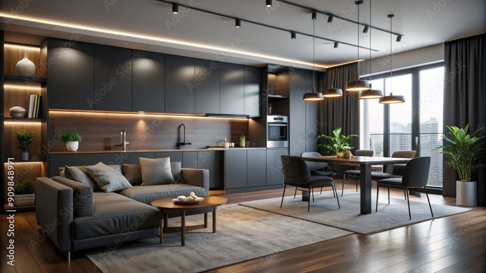 Sleek one room apartment boasting modern dark color scheme, accentuated by LED lighting, features kitchen, dining area, and expansive open space with minimalist decor. Sleek one room apartment boasting modern dark color scheme, accentuated by LED lighting, features kitchen, dining area, and expansive open space with minimalist decor.