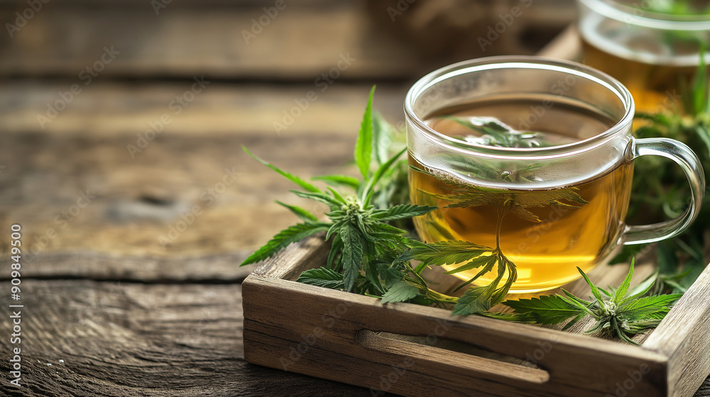Cup of herbal tea with cannabis leaves on a rustic wooden tray. Relaxing and natural beverage concept with a focus on herbal and organic ingredients Cup of herbal tea with cannabis leaves on a rustic wooden tray. Relaxing and natural beverage concept with a focus on herbal and organic ingredients