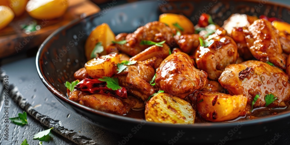 Stir Fried Chicken in Soy Sauce with Potatoes Ideal for Recipes Articles Catalogs and Commercial Use Featuring Ample Copy Space Stir Fried Chicken in Soy Sauce with Potatoes Ideal for Recipes Articles Catalogs and Commercial Use Featuring Ample Copy Space