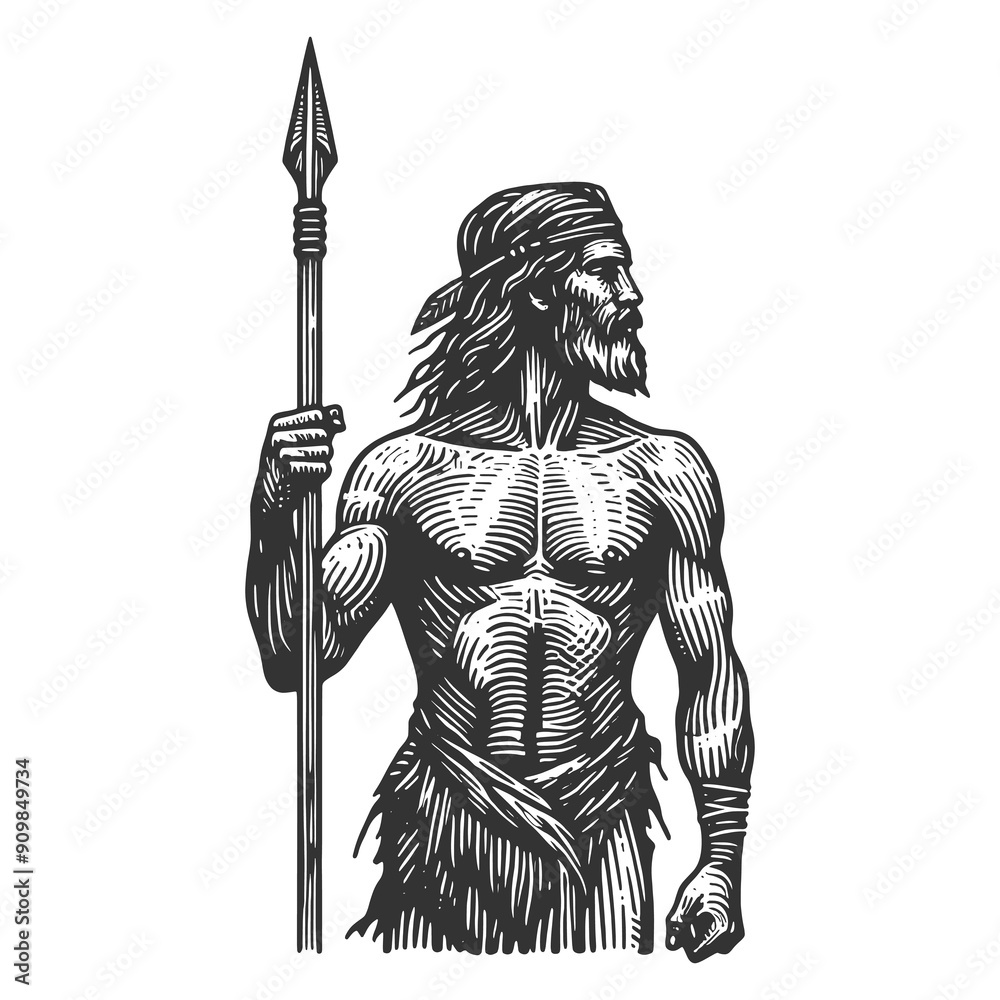 Obraz premium prehistoric caveman holding a spear, showcasing primitive human life and ancient survival tools sketch engraving generative ai raster illustration. Scratch board imitation. Black and white image.