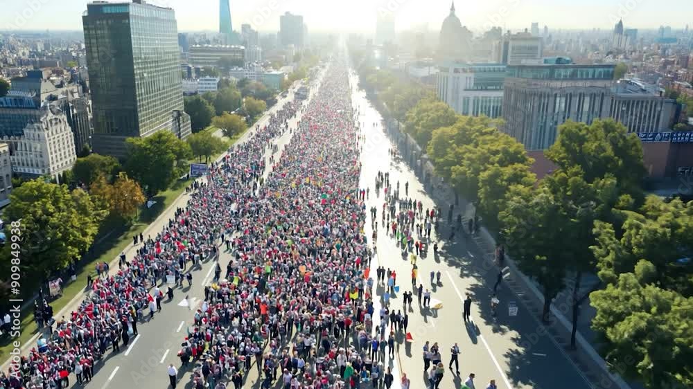 A crowd , marching for social justice under a blue sky, with colorful banners expressing demand for change, radiating energy.