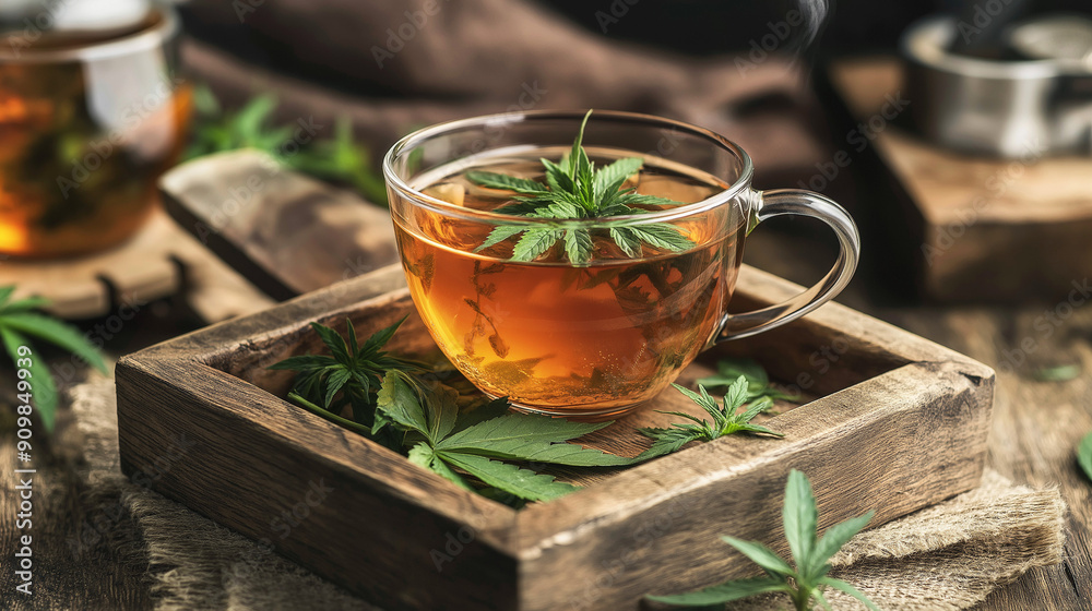 Cup of herbal tea with cannabis leaves on a rustic wooden tray. Relaxing and natural beverage concept with a focus on herbal and organic ingredients Cup of herbal tea with cannabis leaves on a rustic wooden tray. Relaxing and natural beverage concept with a focus on herbal and organic ingredients