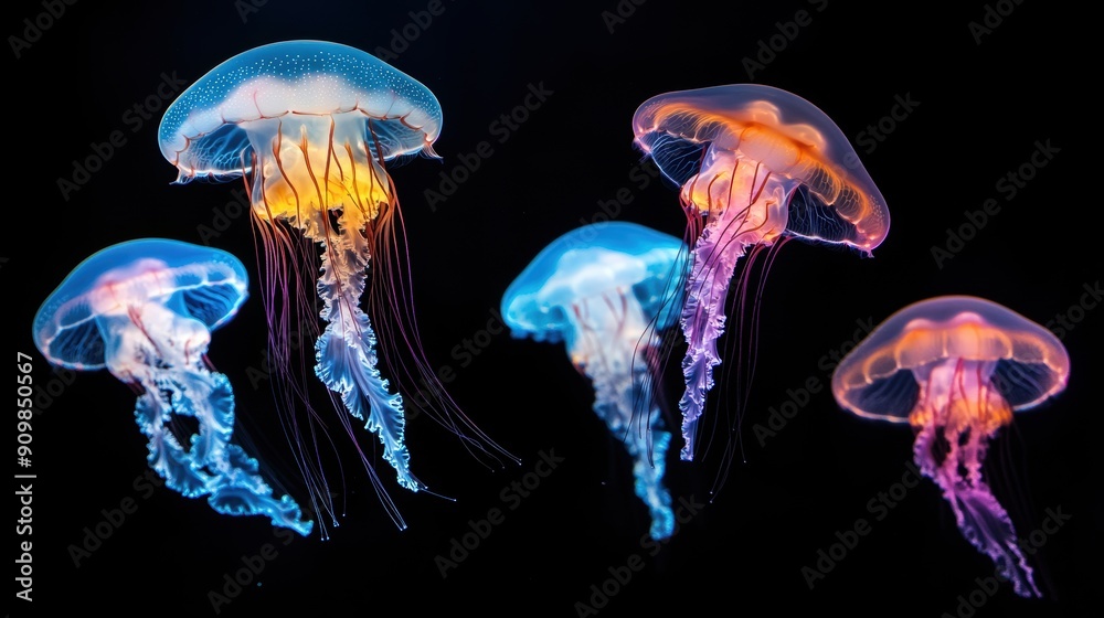 a group of colorful glowing jellyfish floating a group of colorful glowing jellyfish floating