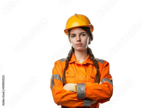 Portrait of female carpenter master in helmet doing isolated on white background, copy space, layout, labor day.