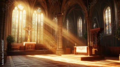A beautiful church interior with a prominent cross  intricate woodwork  and warm sunlight streaming